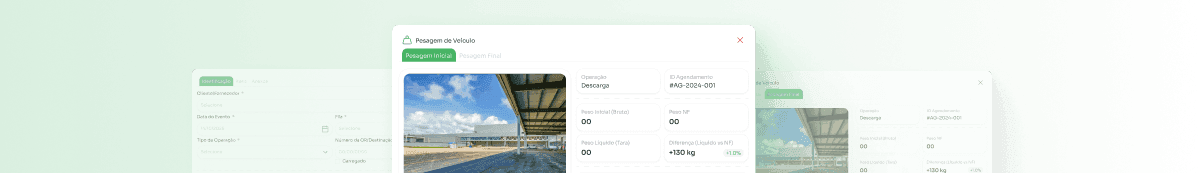 Tela de pesagem de veículo da GreenLoggi com peso bruto, tara, peso da nota fiscal e diferença calculada.